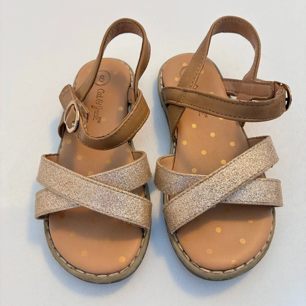Cat & Jack Toddler Girl's Glittery Gold Tan Sandals Size 8
